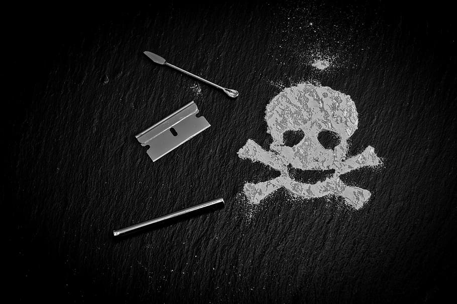 grayscale photography, door, latched, skull powder, drugs, death, cocaine, drug, risk, abuse