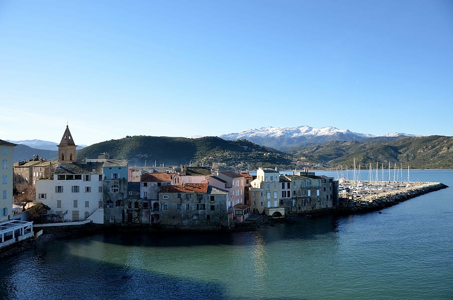 corsican, winter, sea, port, mountain, snow, saint florent, mediterranean, architecture, building exterior