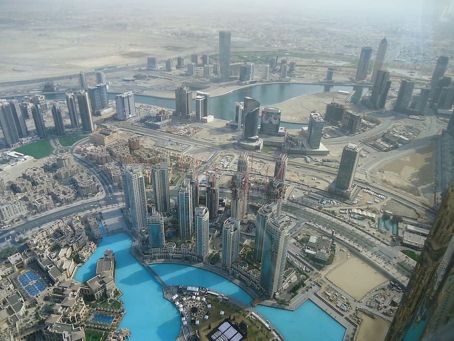 Dubai, Burg, Khalifa, Piso, burg khalifa, 122 andares, paisagem urbana, vista aérea, arranha-céu, arquitetura