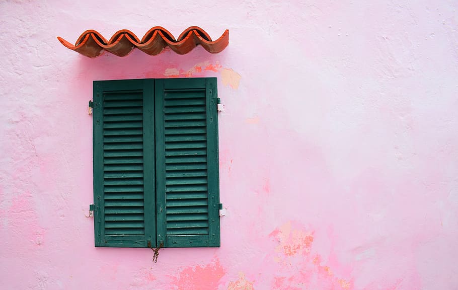 green, wooden, louver door, window, pink, roof, simple, art, wall, pink color