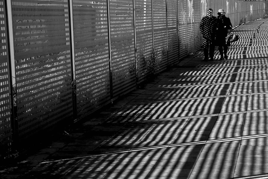 man, woman, walking, fence grayscale photography, Couple, Shadows, Street, City, People, holiday