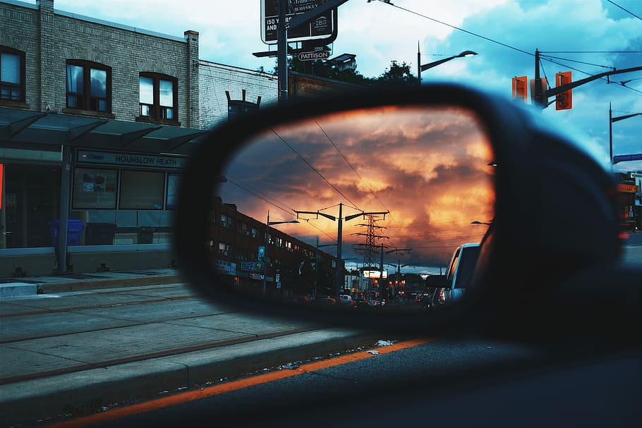 carro, espelho, estrada, viagem, tráfego, luz, edifício, centro da cidade, céu, nuvens