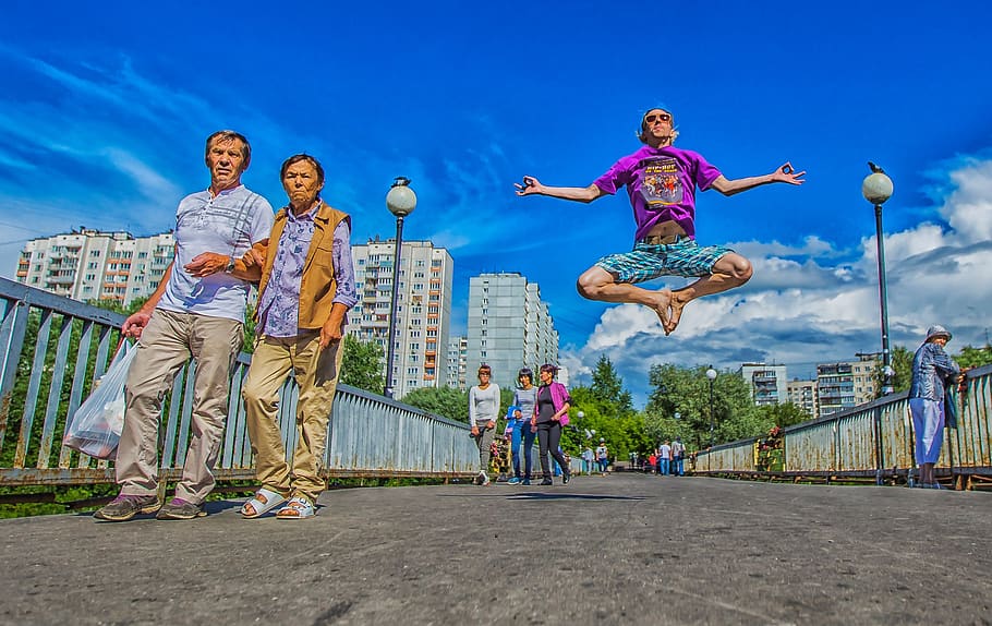 levitation, summer, bridge, people, jump, full length, sky, group of people, architecture, city
