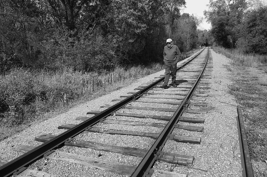 man, walking, railroad, tracks, lonely, person, walk, male, nature, outdoor
