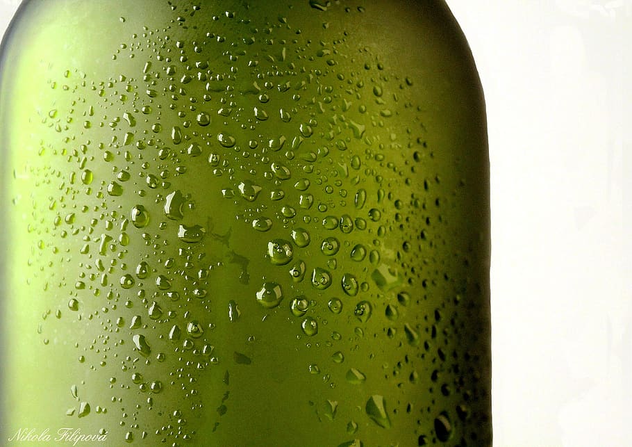 rocío de agua, botella de vidrio, botella, verde, gotas, gotas de agua, macro, húmedo, detallado, foto