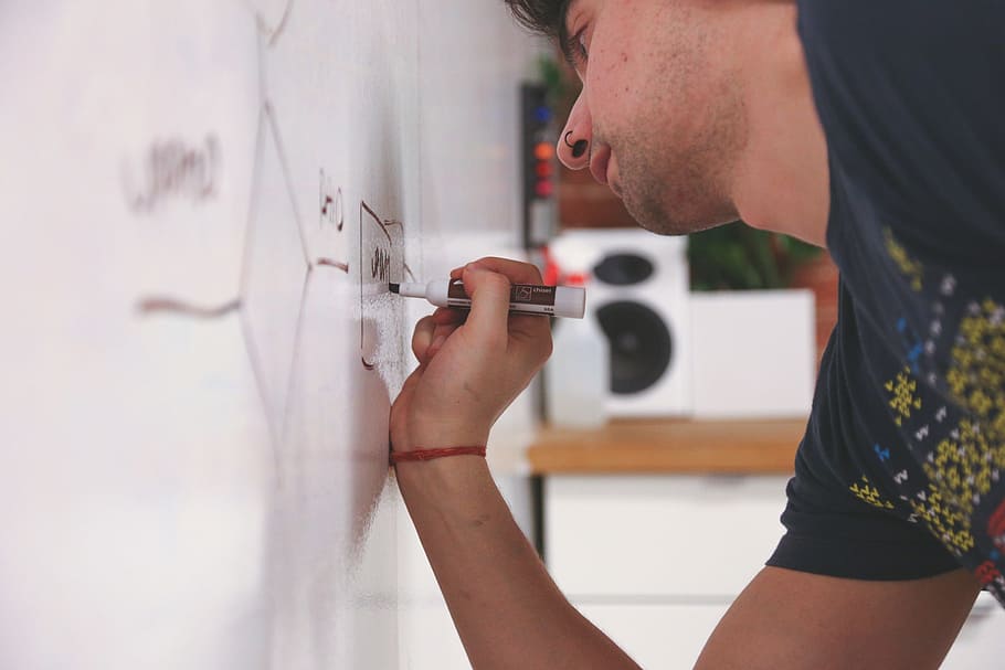 man holding marker, whiteboard, writing, man, presentation, write, display, explain, strategy, diagram