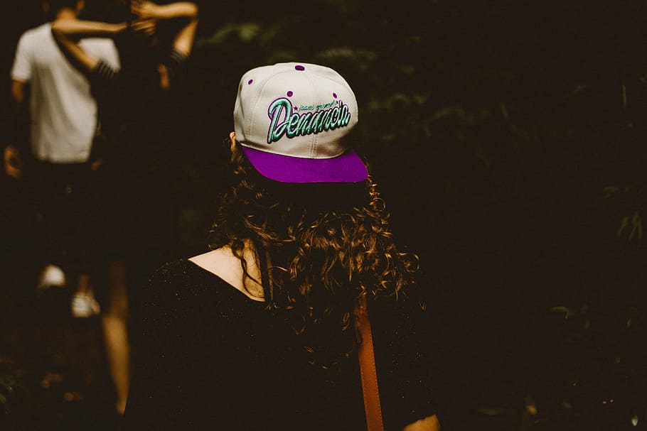 woman, black, top, wearing, purple, white, cap, background, snapback, people