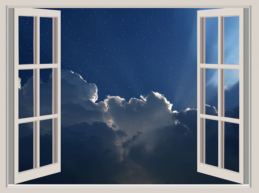 white, french, door, showing, clouds, star, starry sky, universe, space, night