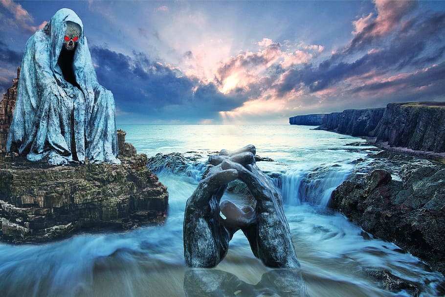 two, hands statue, body, water, sea, fantasy, landscape, wave, skull and crossbones, dead