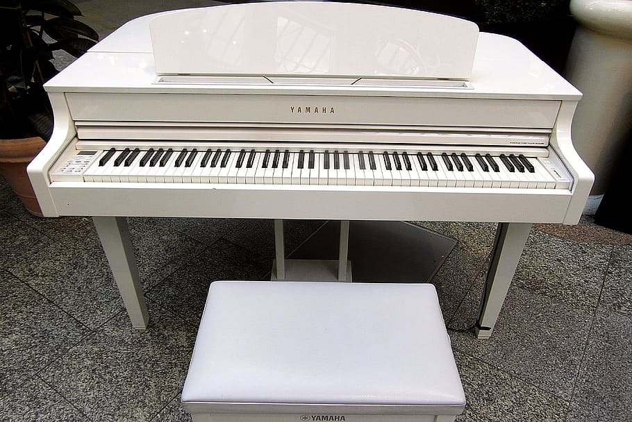 piano, keyboard instrument, keyboard, chair for piano, white, sound, melody, classical music, keys, play