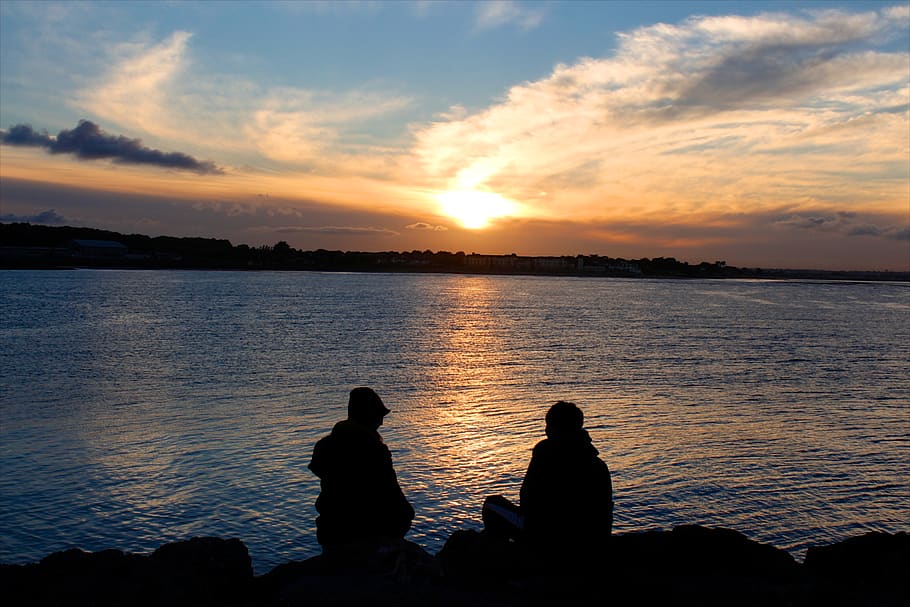 sunset, couple, people, shadow, silhouette, lake, sky, clouds, dusk, water