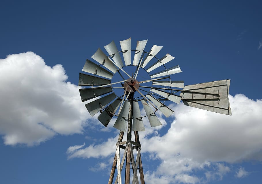 gray, windmill, white, clouds, blue, sky, western, south dakota, countryside, water