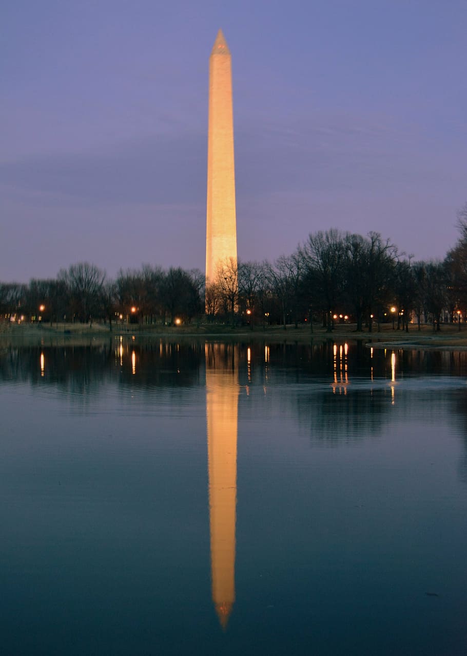 brown, concrete, tower, body, water, nighttime, washington, dc, monument, national