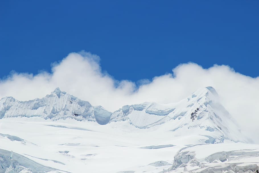 snow-capped mountain, blue sky, white cloud, snow mountain, mountain, snow, winter, cold temperature, blue, sky