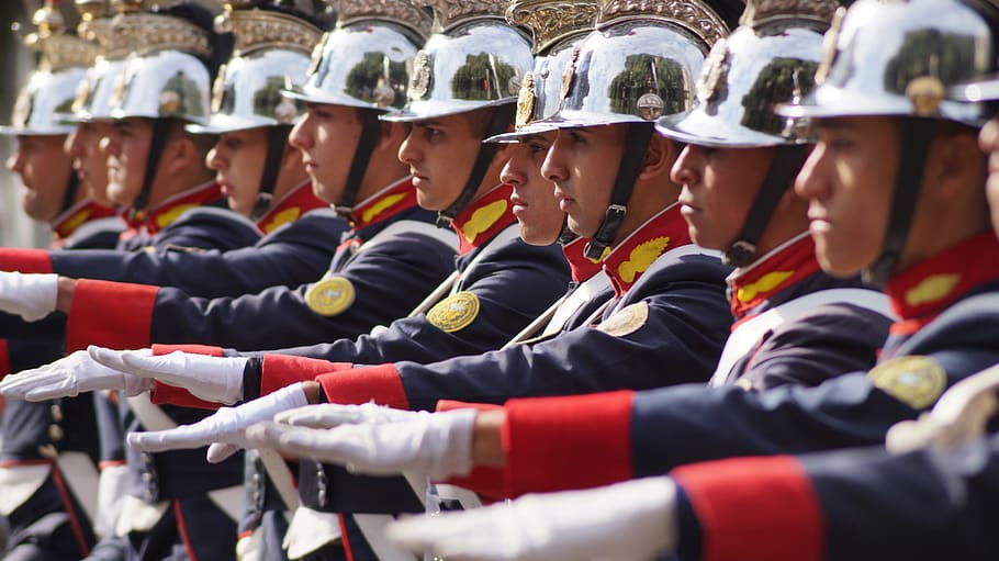 soldado, desfile, uniforme, militar, marcha, pelotão, esquadrão, vestuário, grupo de pessoas, em uma fileira