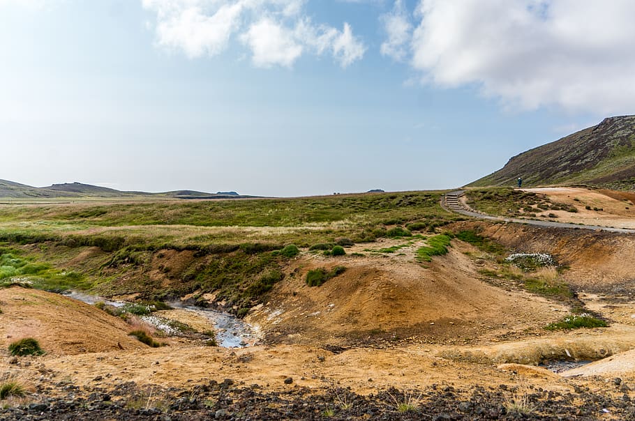 iceland, landscape, sulphur springs, nature, summer, steam, geothermal, scenic, clouds, sky