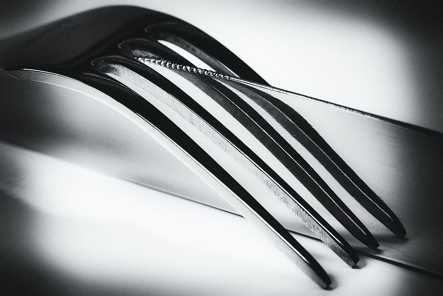 stainless steel fork, knife, fork, mirroring, black, white, art, black and white, b w, artwork