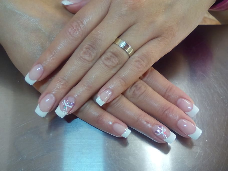 woman, wearing, gold-colored ring, white, french-tip, manicures, nail, gel, manicure, human Hand