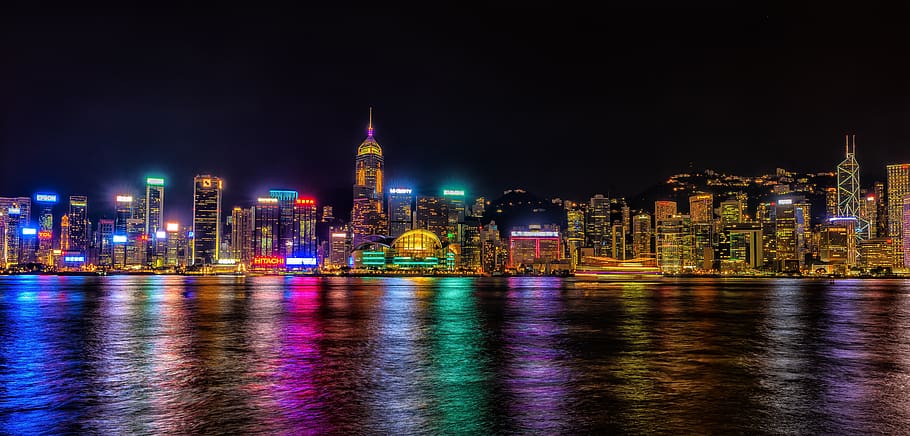 Hong Kong, paisajes, vida nocturna, ciudad, río, exterior del edificio, arquitectura, estructura construida, edificio, iluminado