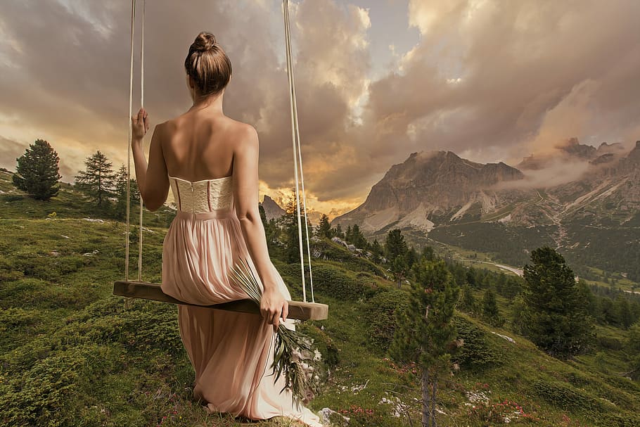 woman, maxi dress, sitting, swing, facing, mountains, girl, female, young, nature