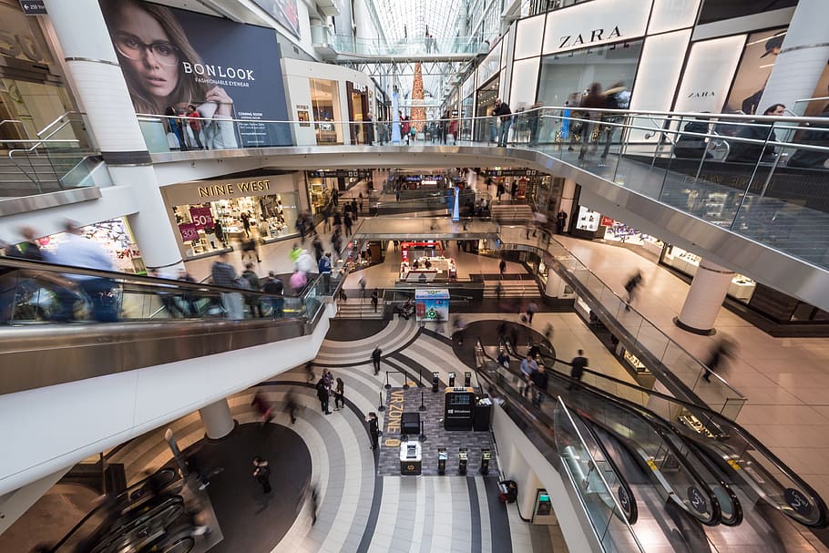 mall interior, architecture, building, infrastructure, shopping, mall, indoor, inside, escalator, people