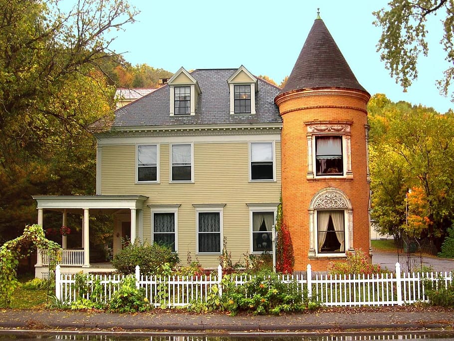 brown, beige, 3-story, 3- story house, trees, new england, vermont, colonial, house, fall