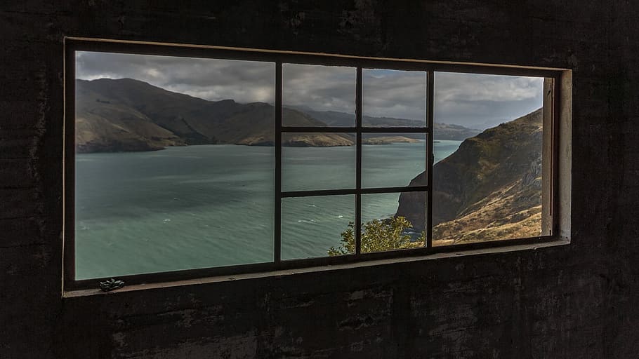 landscape photo, body, water, mountains, black, frame, window glass, window, landscape, lyttleton harbour