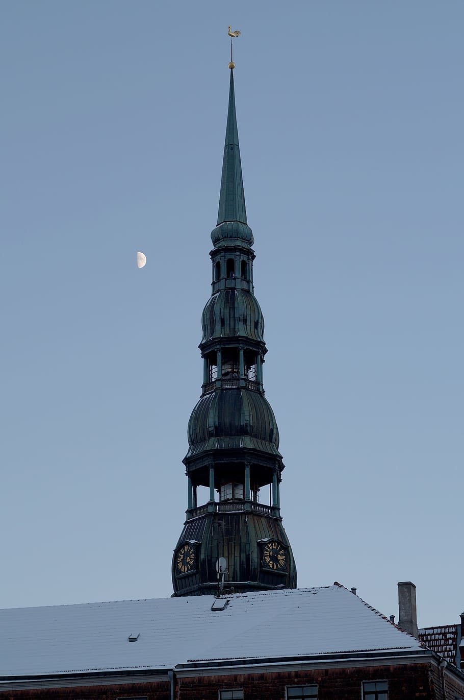 Riga, Symbol, Spire, Tower, symbol of riga, clock, the clock tower, crescent, sky, twilight