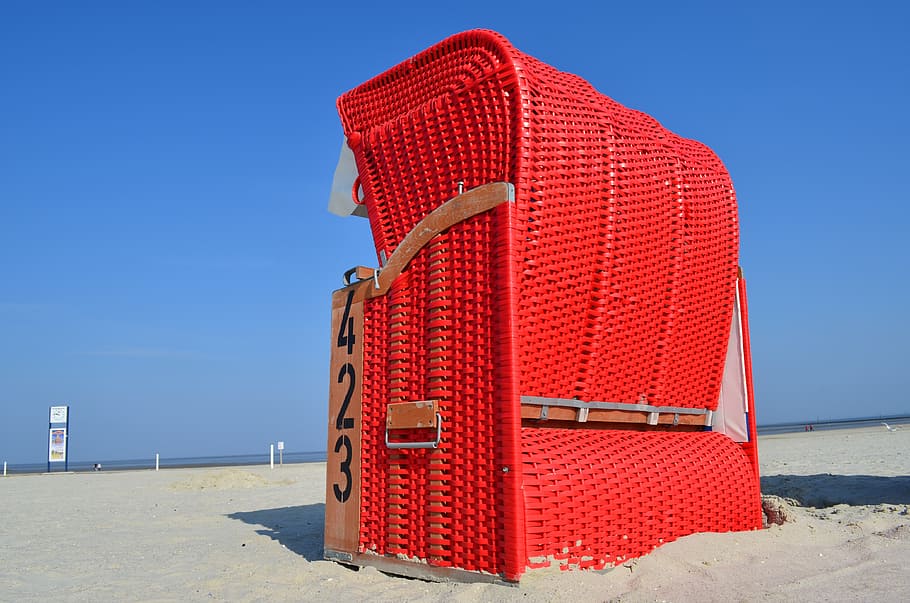 silla de playa, rojo, mar, playa, tierra, agua, arena, cielo, naturaleza, día