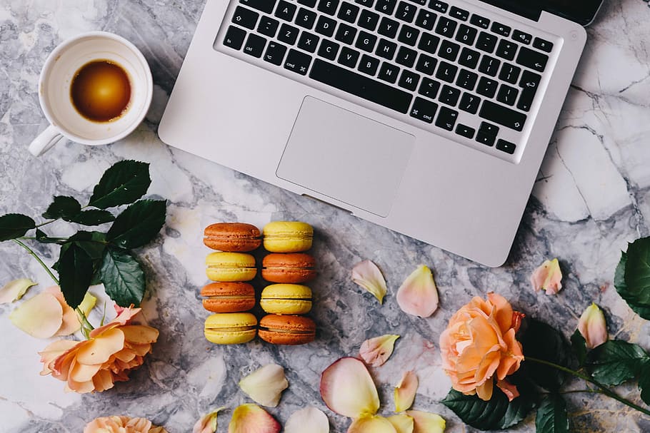 overhead, view, macarons, marble slab, Overhead view, marble, slab, roses, workspace, workplace