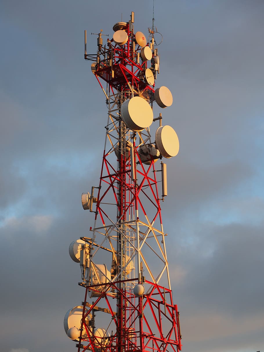 red, white, satellite tower, radar equipment, antennas, radio tower, radio mast, parabolic antenna, transmitter, transmission