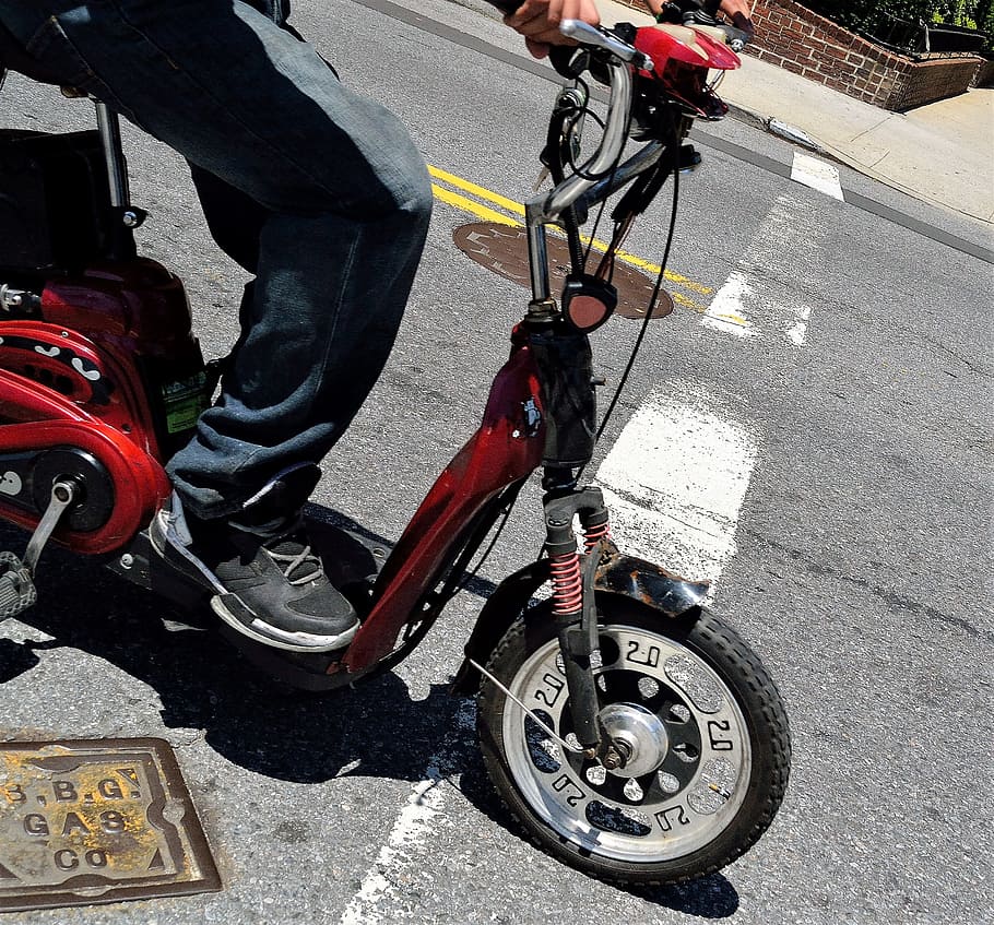 red scooter, jeans, sneakers, street, traffic, man, young man, transportation, scooter, red