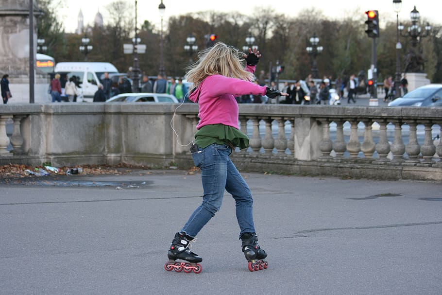 skat, pemain skat, Skateboard, jalan, kesenangan, waktu luang, Paris, sebaris, dinamis, berwarna merah muda