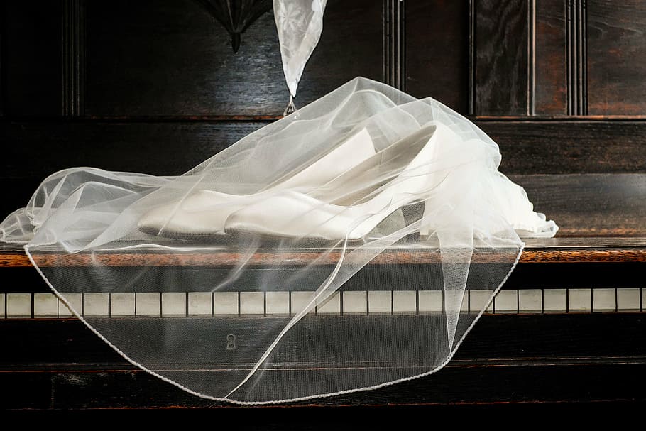 white textile, shoes, brautschuhe, white, elegant, bridal veil, wedding, plastic, transparent, textile