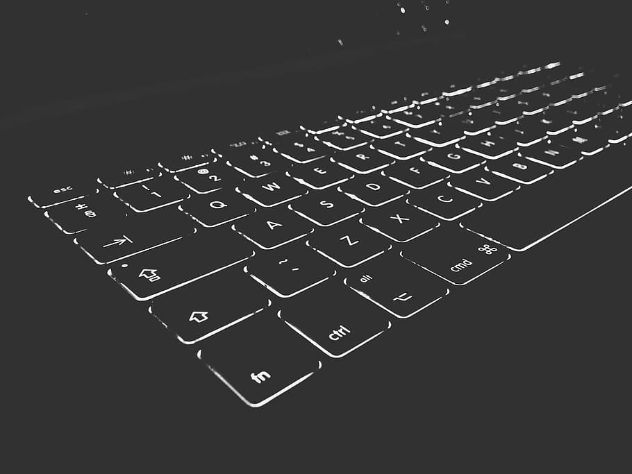 photography, turned-on computer keyboard, grayscale, computer, keyboard, backlight, technology, computer keyboard, computer key, communication