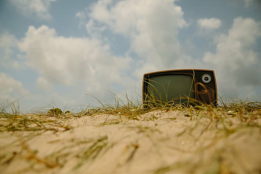 crt television, brown, sand, vintage, crt, tv, television, oldschool, ground, sky