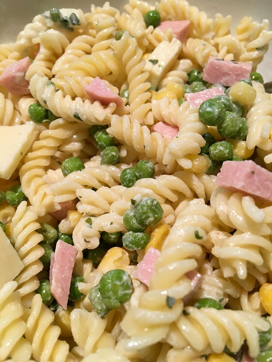 pasta salad, fussili, peas, ham, pasta, noodle dish, carbohydrates, italian, food and drink, food