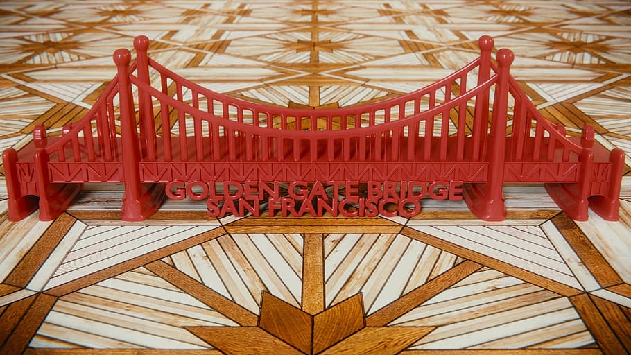 golden gate bridge, blender, 3d, toys, red, wood floor, blender 3d, 3d graphics, plastic, architecture