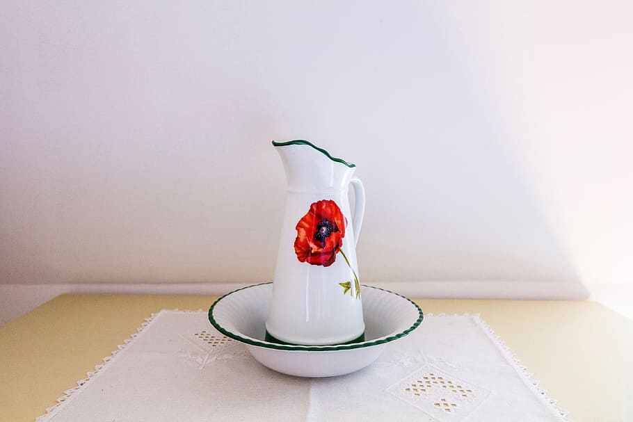 still life, poppy, red, scale, vase, can, jug, table, indoors, copy space