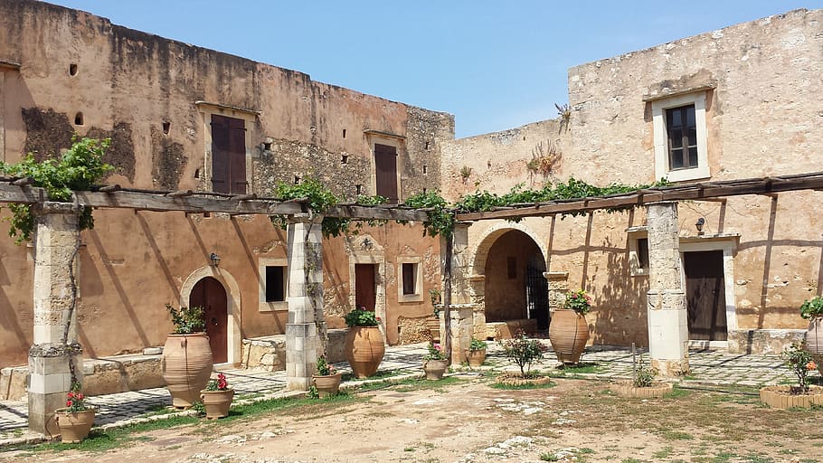 vase near house, Crete, Monastery, Arcade, Pergola, architecture, building exterior, built structure, old ruin, abandoned