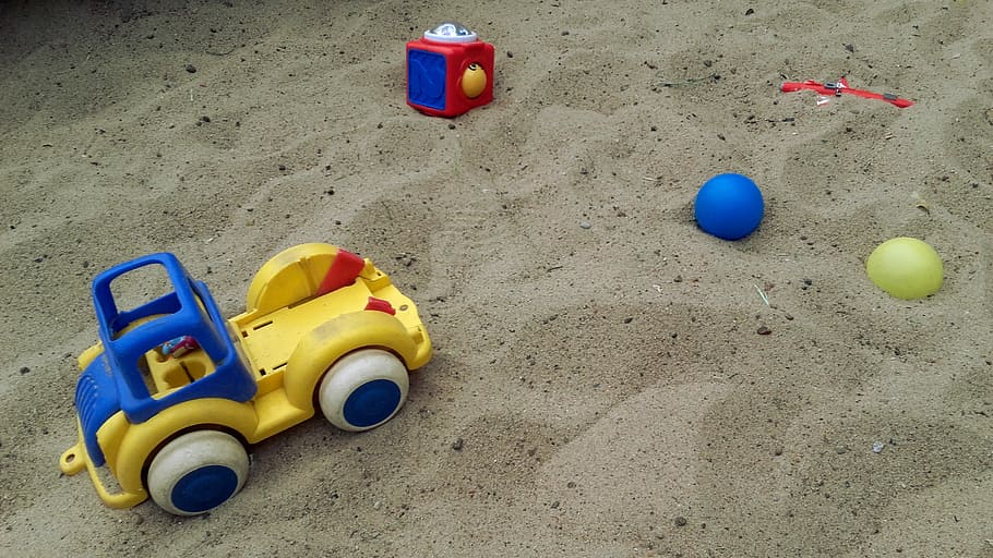 Anak-anak, Mainan, Kesenangan, Pasir, bola, mobil mainan, tipper, untuk anak-anak, bermain, di pasir