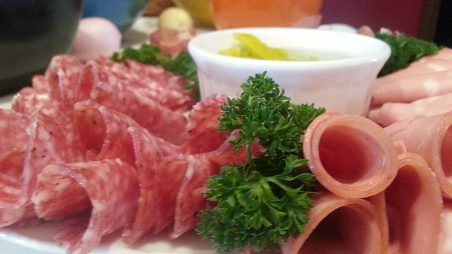 meat dish, vegetables, food, cold cuts, salami, parsley, snack, food and drink, freshness, meat