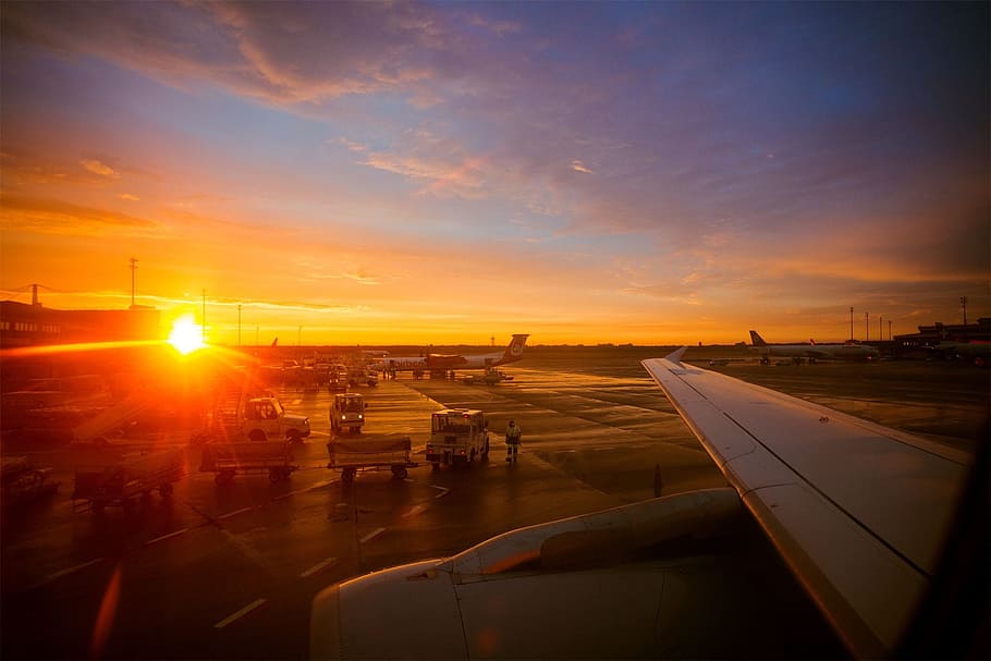 airport, aircraft, sunset, holiday flyer, departure, fly, transport, landing, airliner, wing