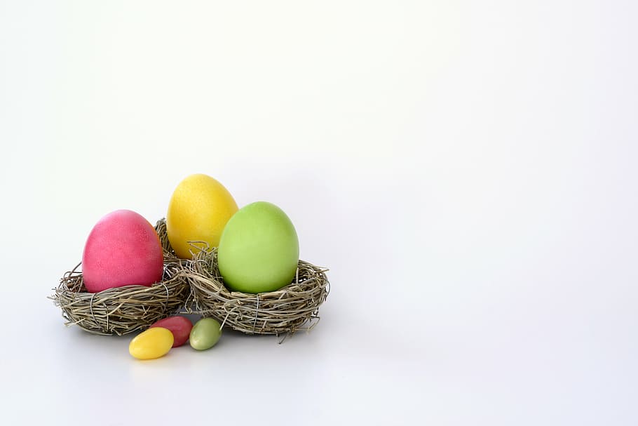 pink, yellow, green, easter egg, brown, nest, easter nest, easter eggs, sugar eggs, colorful