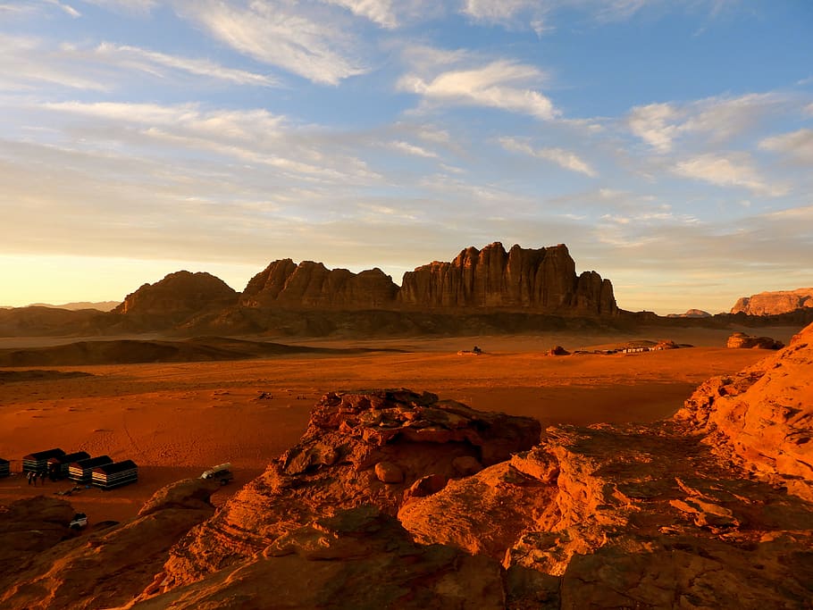 desierto, puesta de sol, arena, wadi, ron, jordania, paisaje, rojo, cielo, roca