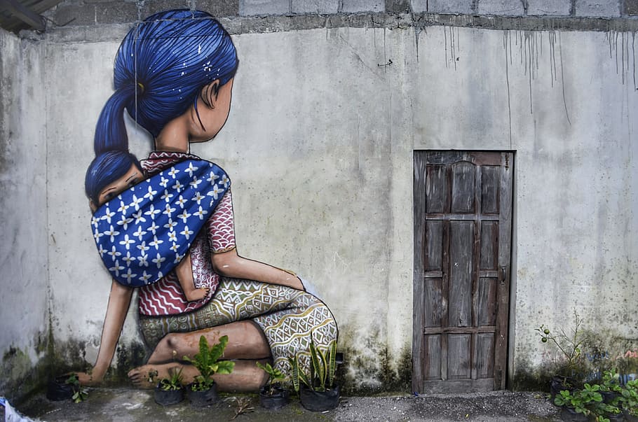 woman, kneeling, wall painting, wall, house, graffiti, painting, girl, child, art