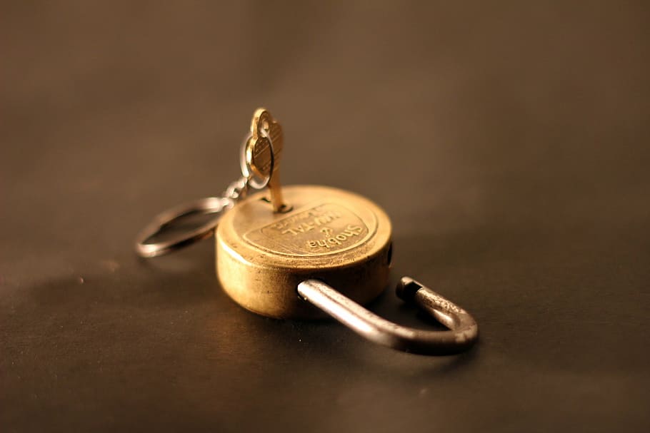 gold-colored padlock, grey, metal, key, padlock, unlocked, lock, gold, close, security