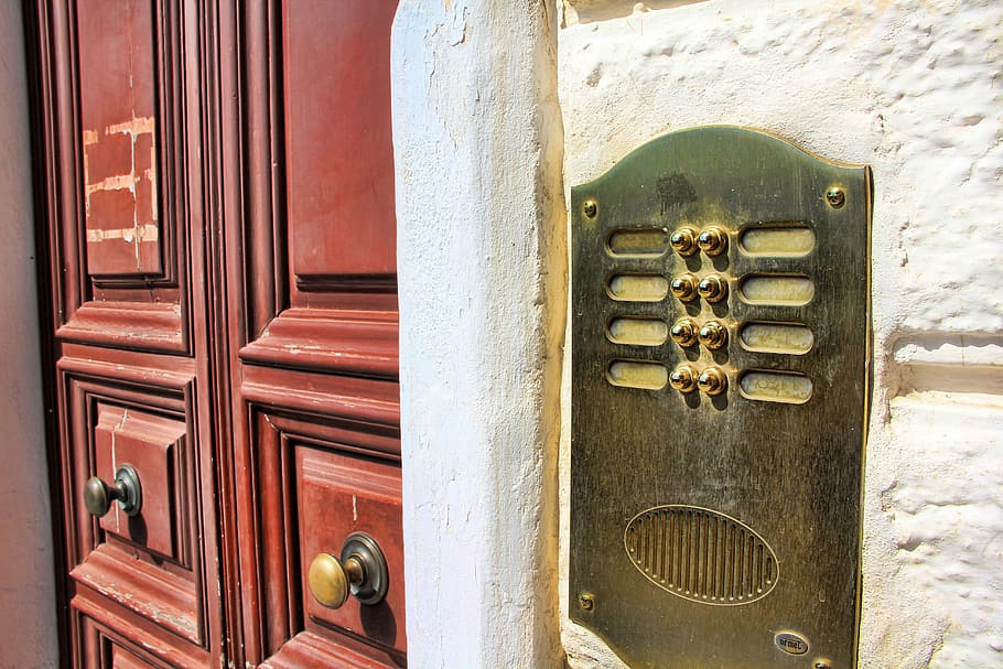 door, bell, input, front door, house entrance, doorbell, entrance door, shiny, clamps, door bell