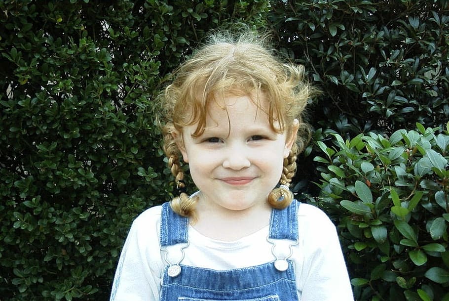 Child, Girl, Pigtails, Braids, Overalls, cute, grin, sweet, little, childhood