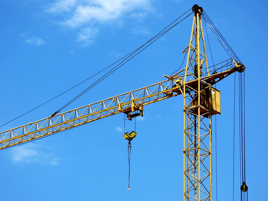 close-up photography, yellow, tower crane, daytime, blue sky, white clouds, technique, mechanical engineering, fraud, industry